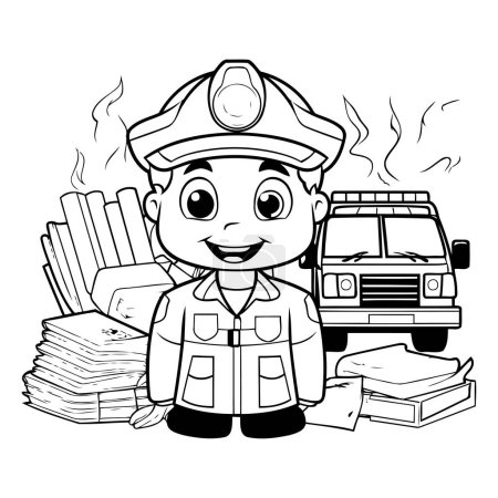 Ilustración de Ilustración de dibujos animados en blanco y negro de un bombero o un personaje de bombero para colorear libro - Imagen libre de derechos