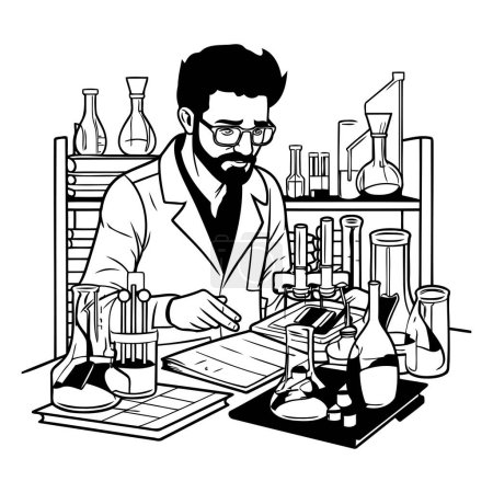 Illustration for Scientist man working in laboratory black and white vector illustration graphic design - Royalty Free Image