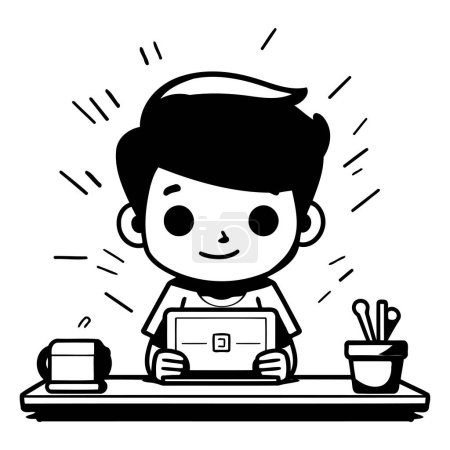 Téléchargez les illustrations : Garçon travaillant sur ordinateur portable - Illustration de personnage de bande dessinée vectorielle noir et blanc - en licence libre de droit