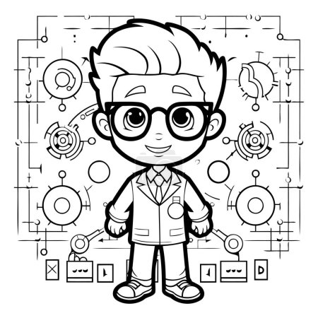 Illustration for Black and White Cartoon Illustration of Kid Boy Scientist Character for Coloring Book - Royalty Free Image