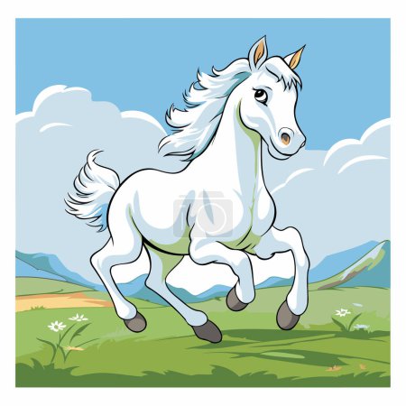 Illustration for White horse running on the meadow. Vector illustration in cartoon style. - Royalty Free Image