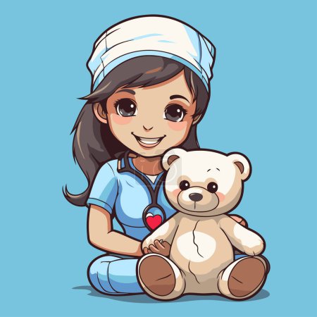 Téléchargez les illustrations : Jolie infirmière de dessin animé avec un ours en peluche. Illustration vectorielle. - en licence libre de droit