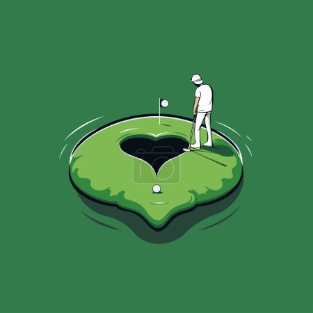 Téléchargez les illustrations : Modèle de conception de logo club de golf. Illustration vectorielle d'un joueur de golf sur un parcours de golf vert. - en licence libre de droit