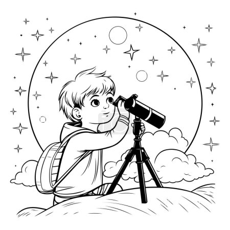 Téléchargez les illustrations : Garçon avec télescope sur le fond de la lune et des étoiles. Illustration vectorielle. - en licence libre de droit