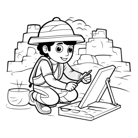 Ilustración de Ilustración de dibujos animados en blanco y negro de niño usando computadora portátil o tableta para colorear libro - Imagen libre de derechos