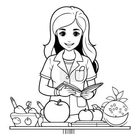 Téléchargez les illustrations : Fille médecin avec pomme et livre. Illustration vectorielle en noir et blanc. - en licence libre de droit