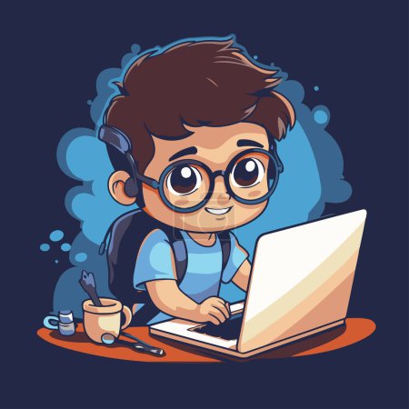 Illustration for Cute boy with glasses and laptop. Vector illustration. Isolated on dark background. - Royalty Free Image