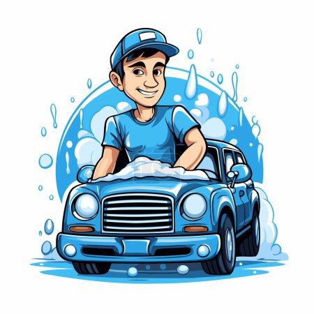 Ilustración de Ilustración vectorial de un hombre lavando su coche con agua y jabón. - Imagen libre de derechos