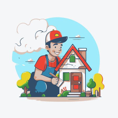 Illustration for Vector illustration of a man in a cap and overalls paints the house. - Royalty Free Image
