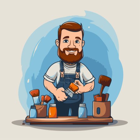 Illustration for Hipster man with beard and mustache holding brush and paints. Vector illustration. - Royalty Free Image