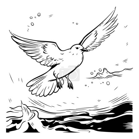 Téléchargez les illustrations : Colombe volant au-dessus de la mer. Illustration vectorielle noir et blanc. - en licence libre de droit
