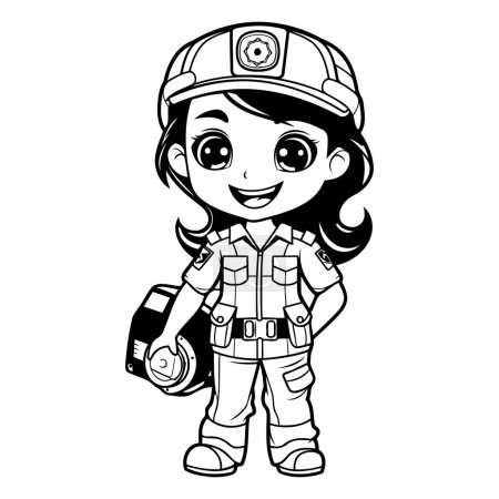 Téléchargez les illustrations : Illustration de bande dessinée en noir et blanc de mignon petit pompier fille livre à colorier - en licence libre de droit