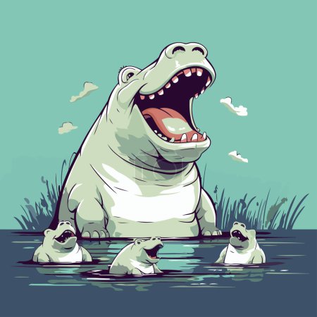 Téléchargez les illustrations : Crocodile dans la rivière. Illustration vectorielle de l'hippopotame de dessin animé. - en licence libre de droit