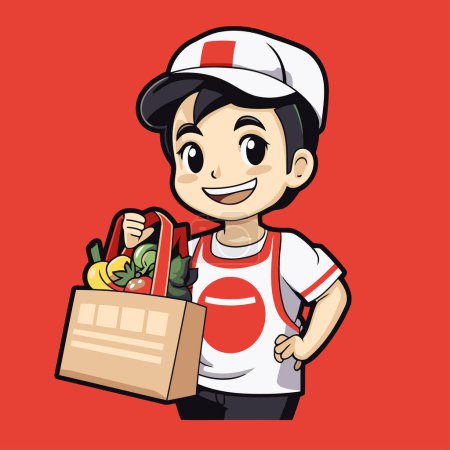 Illustration for Cartoon delivery boy holding a box of food. Vector illustration. - Royalty Free Image