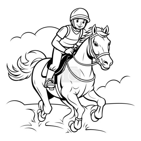 Illustration for Jockey riding a horse - black and white vector illustration for coloring book - Royalty Free Image