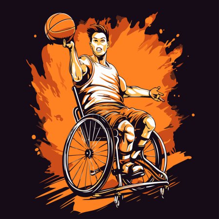 Téléchargez les illustrations : Un handicapé en fauteuil roulant jouant au basket. Illustration vectorielle. - en licence libre de droit