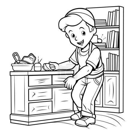 Illustration for Teenage boy washing dishes in the kitchen. black and white vector illustration - Royalty Free Image