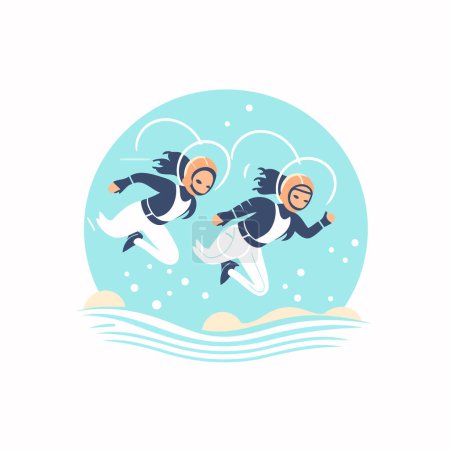 Couple in scuba diving suits jumping in the sea. Vector illustration