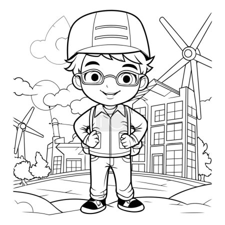 Téléchargez les illustrations : Illustration schématique d'un petit garçon dans un chapeau et des lunettes debout devant des moulins à vent - en licence libre de droit