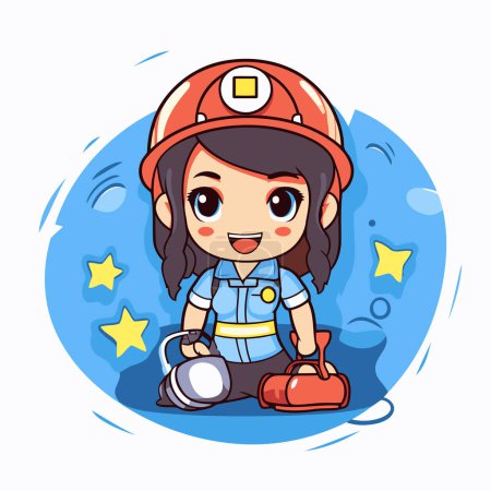 Illustration for Cute cartoon firefighter girl in uniform and helmet. Vector illustration. - Royalty Free Image