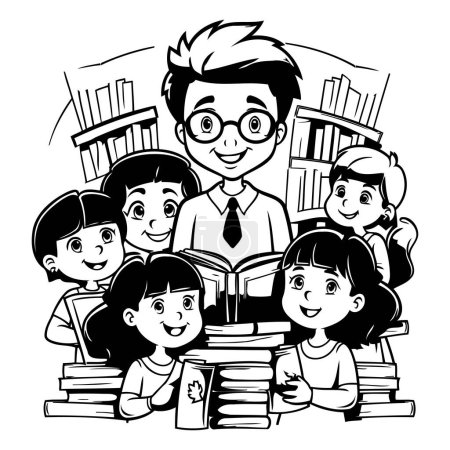 Illustration for Group of children reading books. Black and white vector illustration in cartoon style. - Royalty Free Image