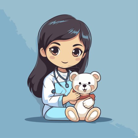 Téléchargez les illustrations : Jolie petite fille jouant au docteur avec un ours en peluche. Illustration vectorielle. - en licence libre de droit