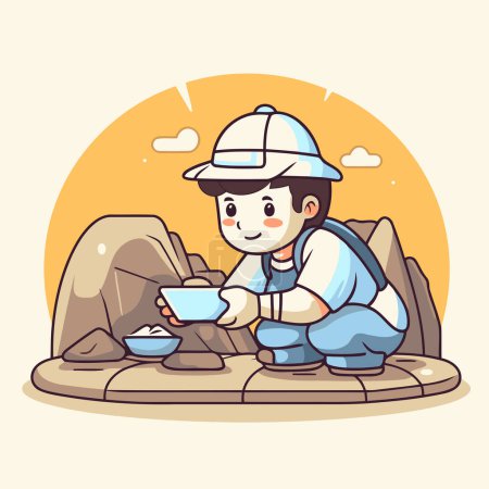 Téléchargez les illustrations : Illustration d'un gamin jouant avec une tasse de thé sur le rocher - en licence libre de droit