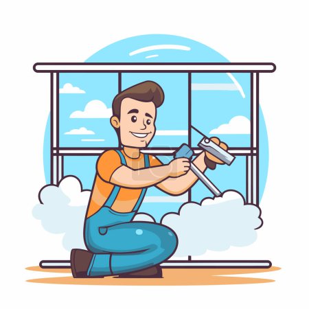 Illustration for Repairman working at the window. Flat vector cartoon illustration. - Royalty Free Image