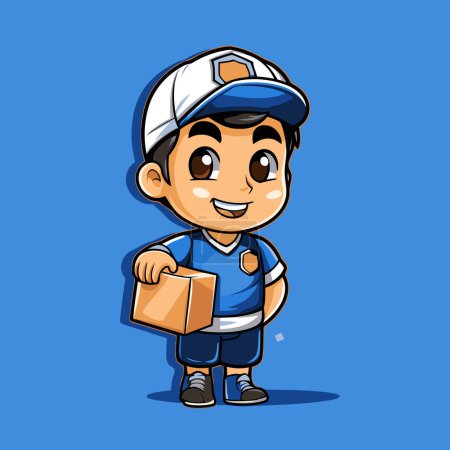 Illustration for Cartoon delivery boy with box on blue background. Vector illustration. - Royalty Free Image