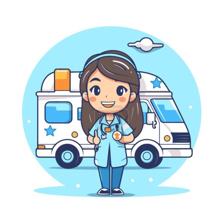 Illustration for Cute little girl doctor with medical uniform and ambulance. Vector illustration. - Royalty Free Image
