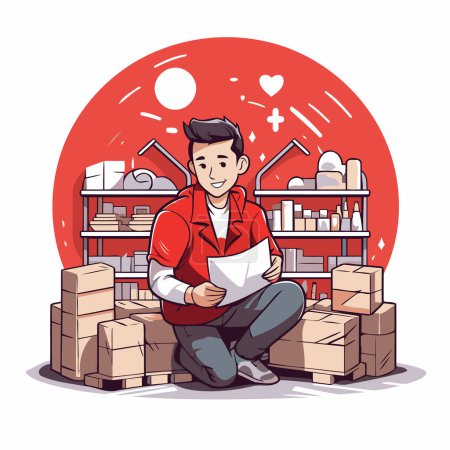 Téléchargez les illustrations : Un homme avec un papier dans les mains assis dans l'entrepôt. Illustration vectorielle. - en licence libre de droit