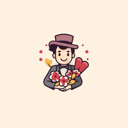 Illustration for Cute cartoon man in hat and bow tie holding bouquet of flowers - Royalty Free Image