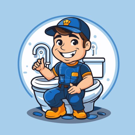 Téléchargez les illustrations : Plombier dans les toilettes. Illustration vectorielle de personnage de dessin animé isolé sur fond bleu. - en licence libre de droit
