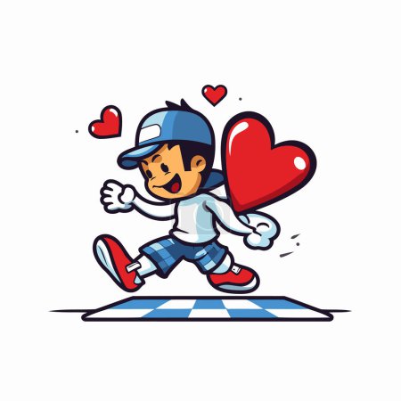 Illustration for Cute boy running with heart and checkered flag. Vector illustration. - Royalty Free Image