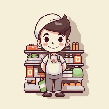 Illustration for Cute cartoon chef in supermarket. Vector illustration of a cartoon chef. - Royalty Free Image