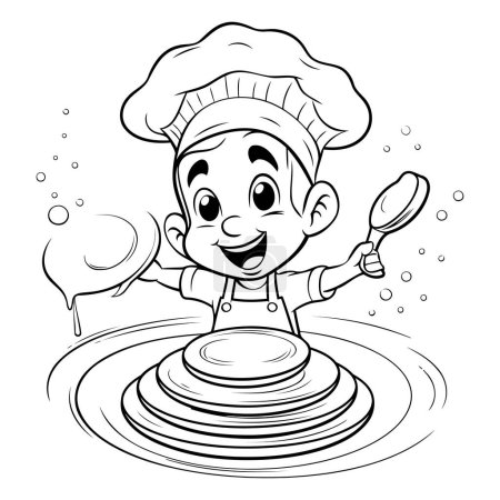 Illustration for Black and White Cartoon Illustration of Cute Little Boy Chef Cooking in the Water with Spoon for Coloring Book - Royalty Free Image