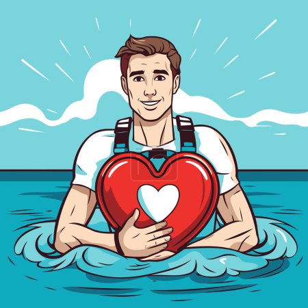 Illustration for Vector illustration of a man holding a red heart in the water. - Royalty Free Image