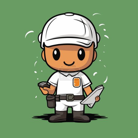 Illustration for Cute Delivery Boy Cartoon Mascot Character With Digital Tablet Vector Illustration - Royalty Free Image