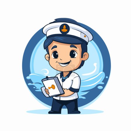 Illustration for Sailor holding clipboard and smiling. Vector illustration in cartoon style. - Royalty Free Image