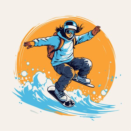 Téléchargez les illustrations : Le snowboardeur saute dans les airs. Illustration vectorielle dans un style rétro. - en licence libre de droit