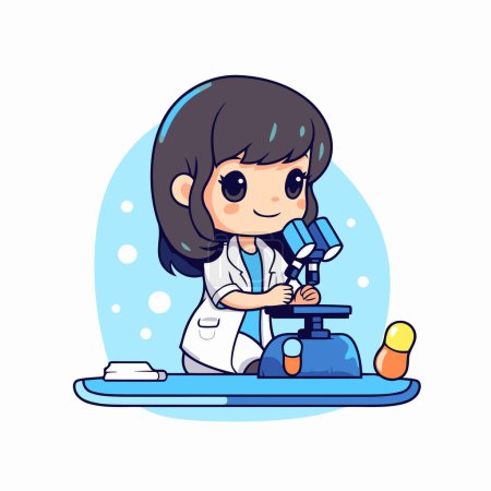 Illustration for Cute little girl scientist with microscope and test tube. Vector illustration. - Royalty Free Image