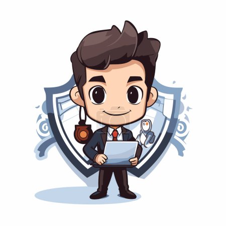 Illustration for Security guard with laptop and security shield. Vector cartoon character illustration. - Royalty Free Image