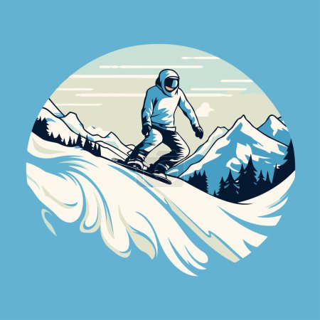 Illustration for Snowboarder on the background of the mountains. Vector illustration. - Royalty Free Image
