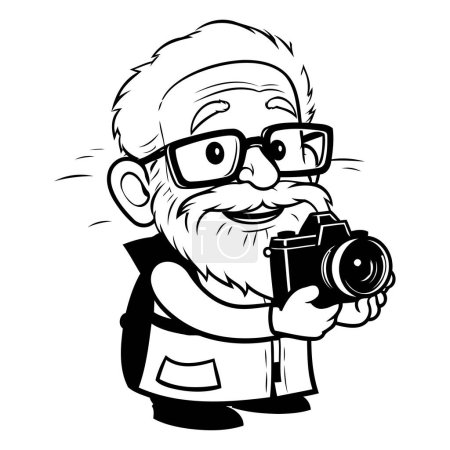 Téléchargez les illustrations : Grand-père avec un appareil photo - Illustration de dessin animé noir et blanc. Vecteur - en licence libre de droit