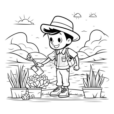Téléchargez les illustrations : Garçon arrosant les plantes dans le jardin avec une pelle. Illustration vectorielle. - en licence libre de droit