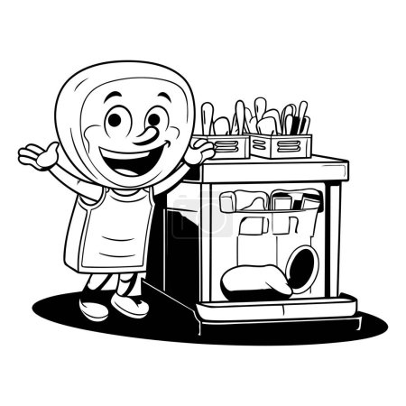 Téléchargez les illustrations : Jolie petite fille avec une machine à laver dans ses mains. Illustration vectorielle. - en licence libre de droit
