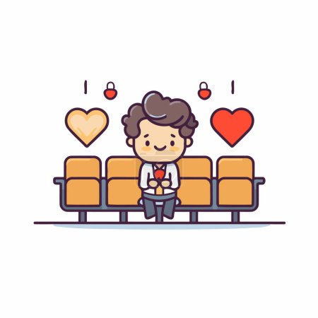 Téléchargez les illustrations : Illustration d'un garçon assis dans une salle d'attente vide de l'aéroport. - en licence libre de droit