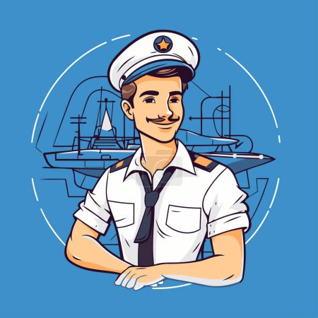 Illustration for Sailor captain with ship in the background. Vector illustration. - Royalty Free Image