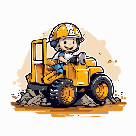 Illustration for Cartoon little boy in helmet driving excavator. Vector illustration. - Royalty Free Image