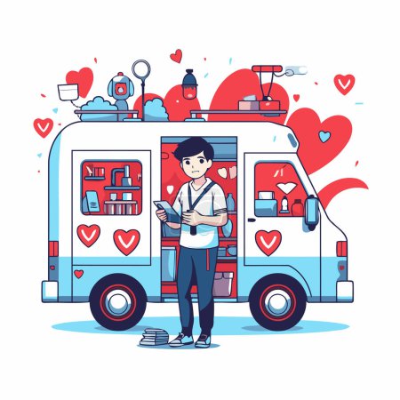 Téléchargez les illustrations : Illustration vectorielle d'un homme avec un téléphone portable debout devant un van avec des cœurs autour de lui. - en licence libre de droit